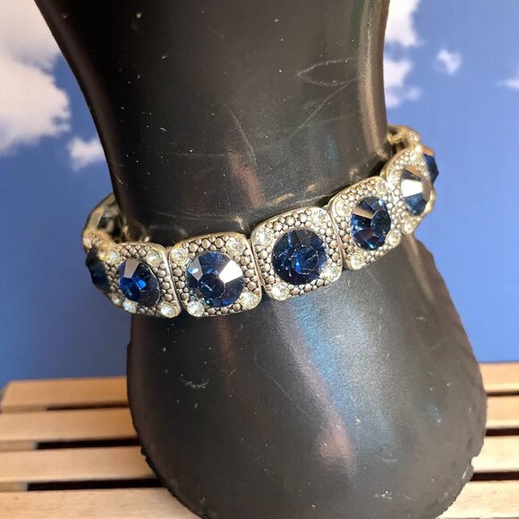 Deep Blue Rhinestone Stretch Bracelet Silver-Tone Vintage Style Statement - Picture 1 of 7
